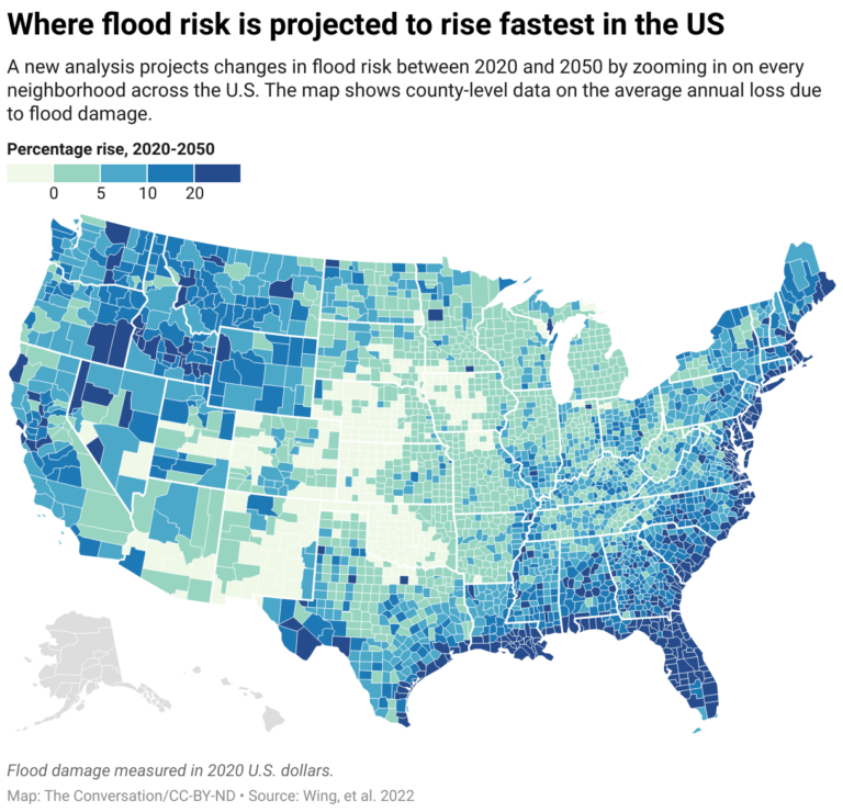 Map showing where flood risk is projected to rise fastest across the United States over the next 30 years