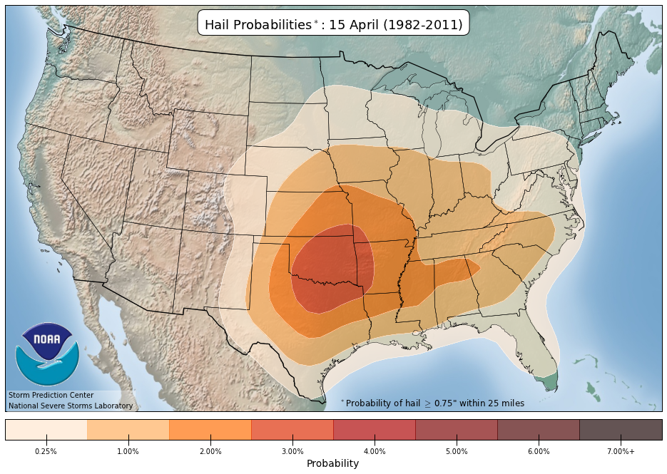 NOAA Storm Prediction Center map showing annual U.S. hail density highest through the central Plains and Texas