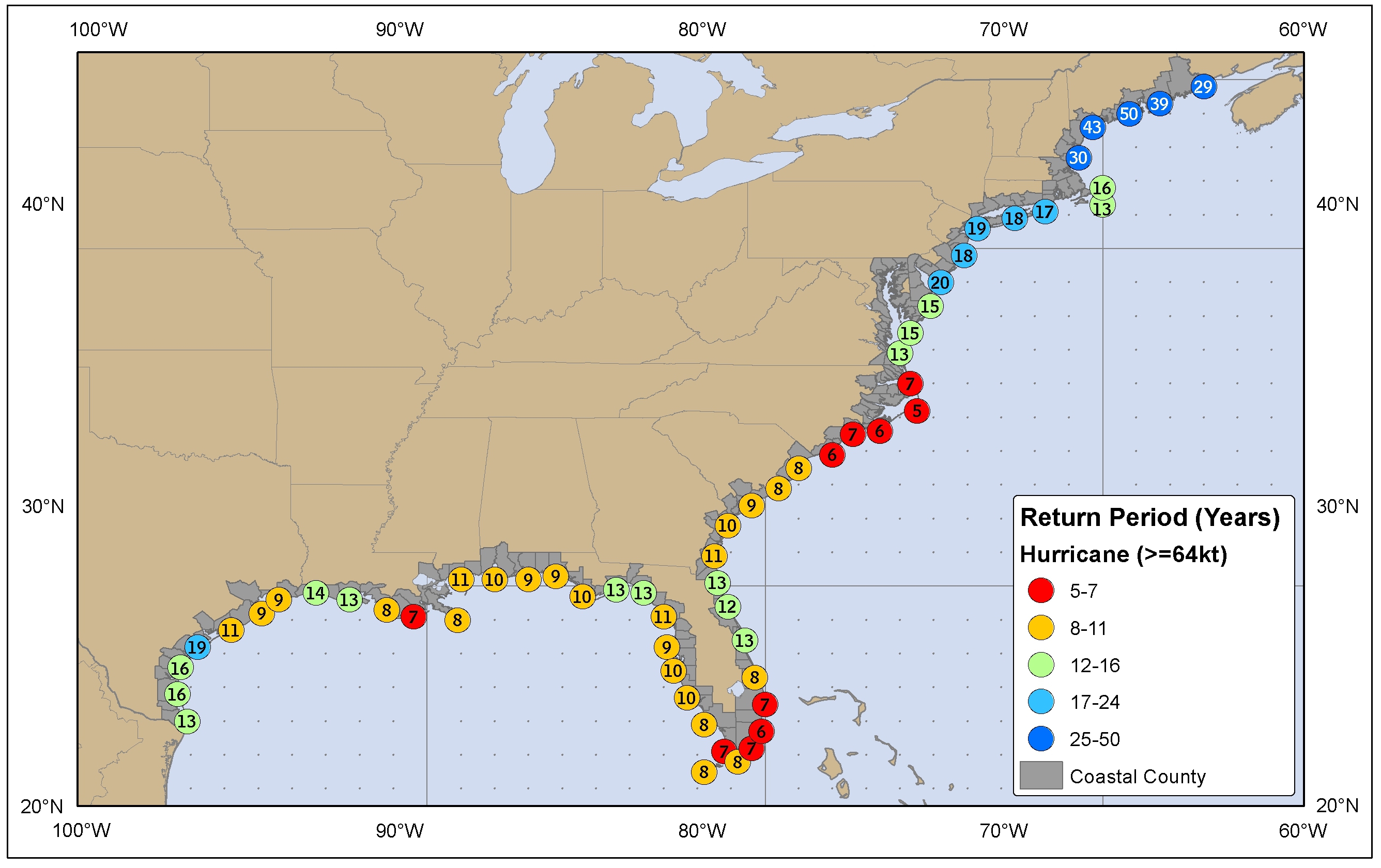 NOAA map showing hurricane return periods — how often a hurricane passes within 50 miles of a given U.S. coastal location