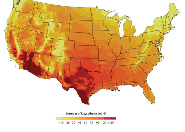 NOAA Climate.gov map showing projected annual days above 100°F across the U.S. by 2080–2099 under a higher-emissions scenario