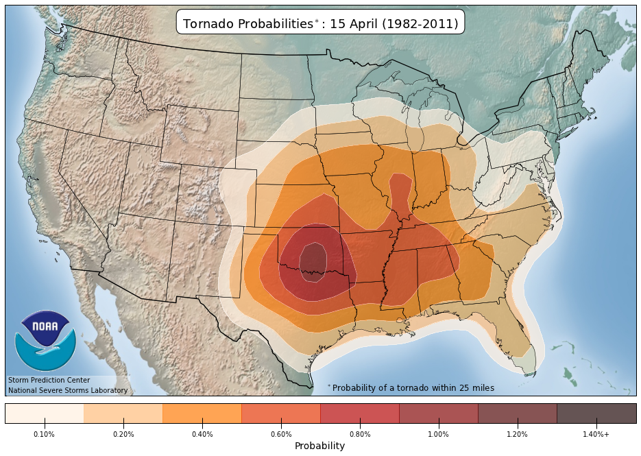NOAA Storm Prediction Center map showing annual U.S. tornado density highest across the central and southeastern states