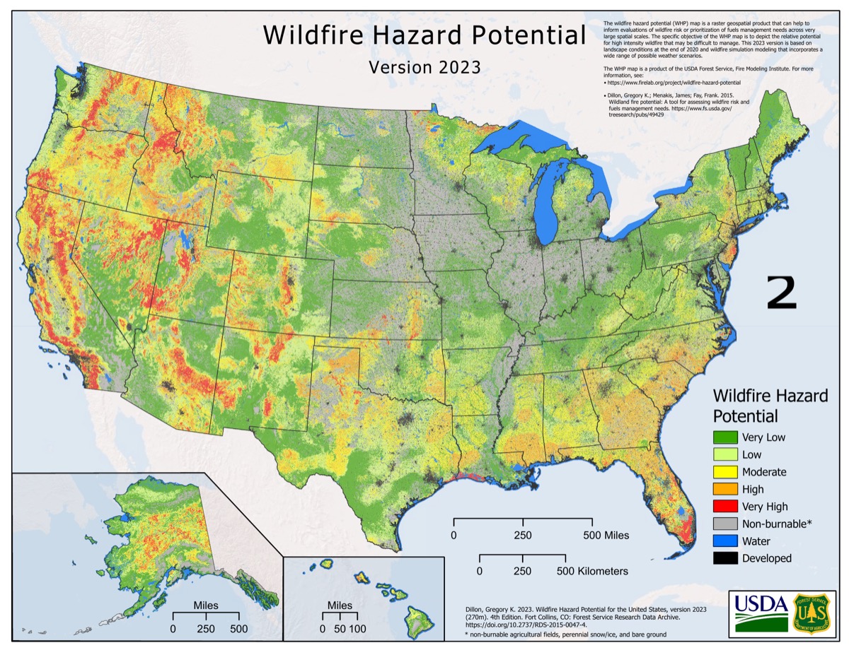 U.S. Forest Service Wildfire Hazard Potential map (2023), showing risk classes Very Low through Very High across the contiguous United States, Alaska, and Hawaii