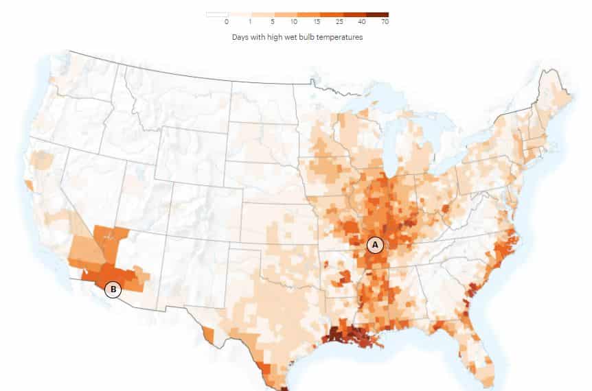 Global map of projected dangerous wet-bulb temperature exposure, with hotspots in South Asia, the Persian Gulf, and parts of the U.S. Southeast