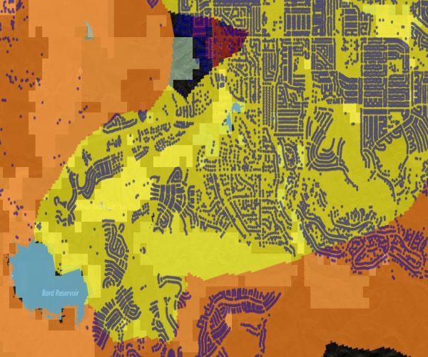 Map of the U.S. wildland-urban interface, showing the zone where houses meet wildfire-prone vegetation