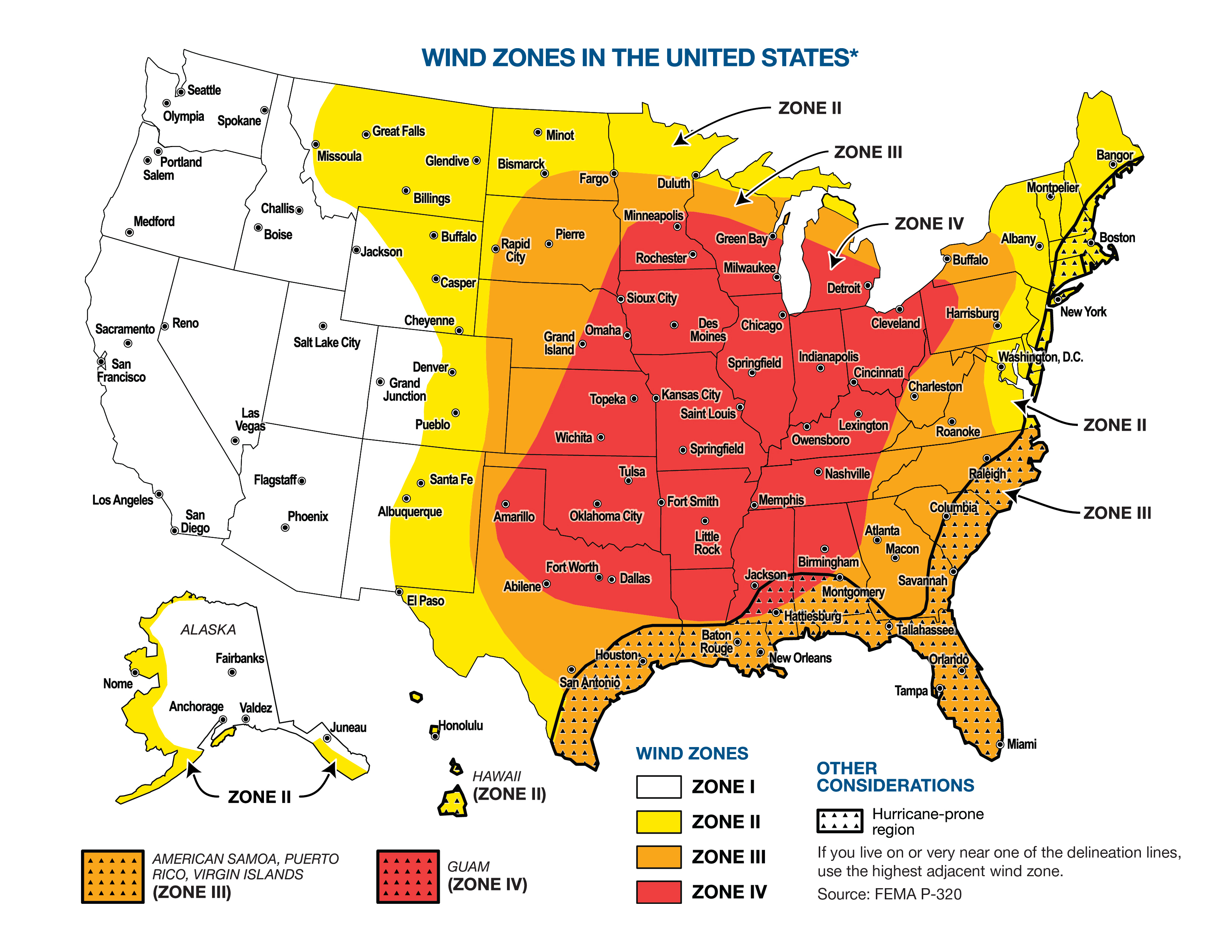 FEMA wind zones map of the contiguous United States, showing Zones I–IV based on historical wind speeds from tornadoes, hurricanes, and straight-line wind events